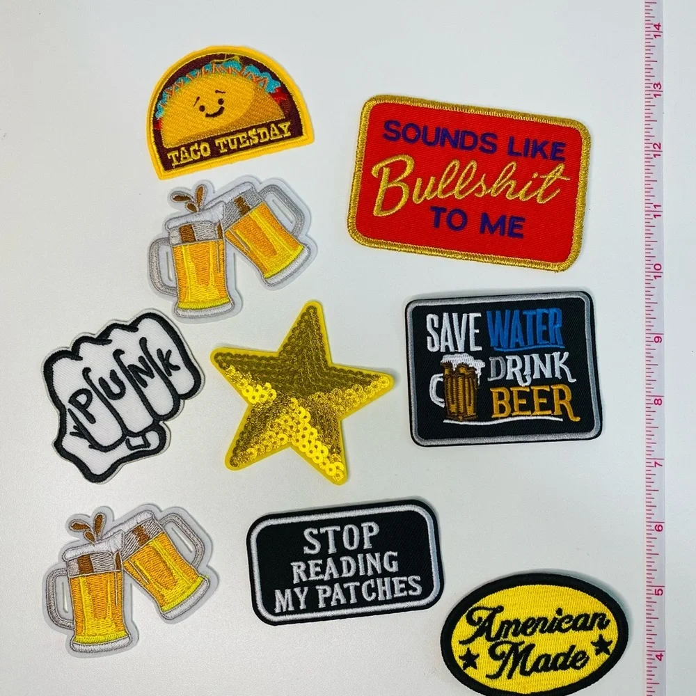 Lot of 9 embroidered iron on patches, men’s patches, beer, DIY projects